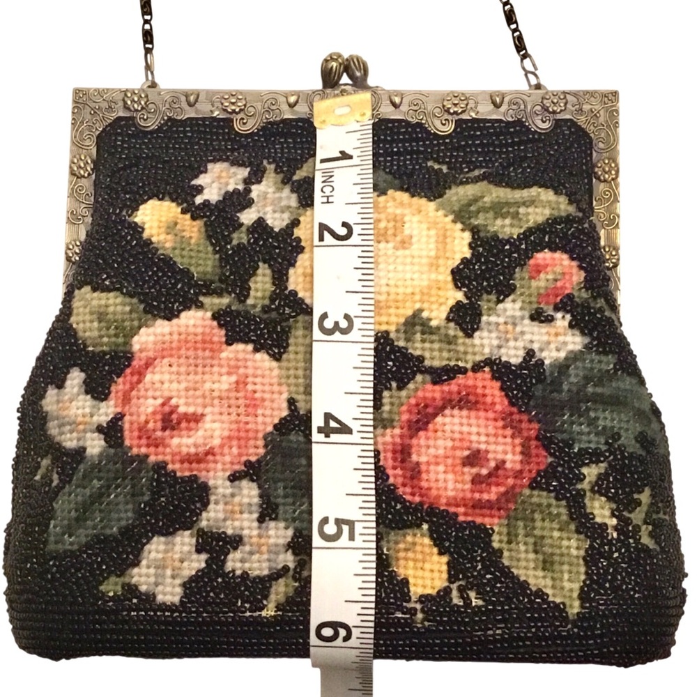 Vintage Style Regency Floral Needlepoint Beaded Evening Bag Pewter Scroll Frame - Picture 13 of 16